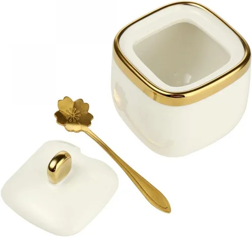Miniatura 3 de Tarro de condimentos de porcelana con bandeja, cuchara de cerámica y tapa, recipiente de condimentos de cerámica para especias y azúcar, caja