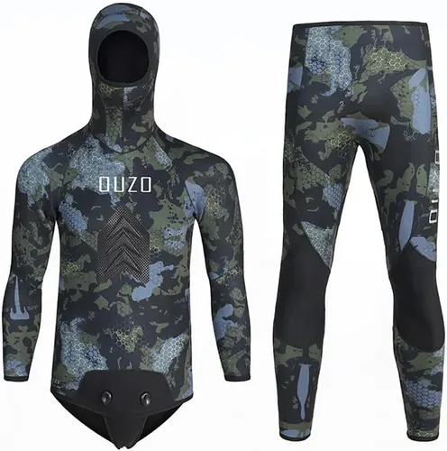 Miniatura 10 de Traje de neopreno de pesca submarina de 0.197 in con capucha, 2 piezas de camuflaje para caza, traje de buceo con almohadilla de pecho de carga