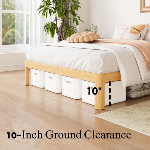 Miniatura 3 de ZIYOO Marco de cama de plataforma de bambú de tamaño matrimonial de 12 pulgadas, diseño minimalista moderno, soporte resistente, fácil montaje,