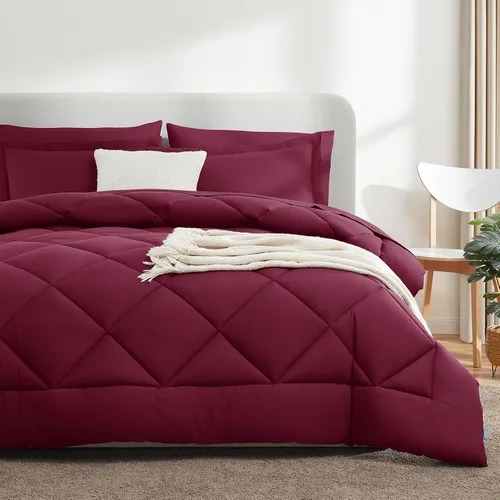 Miniatura 9 de CozyLux Juego de edredón tamaño King color burdeos - 7 piezas, juego de cama en una bolsa, tamaño King, juego de ropa de cama de lujo suave