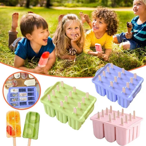 Miniatura 4 de Moldes de paletas reutilizables de 12 cavidades, helado de silicona con tapas y 50 palos de madera, suministros de cocina para paletas de bricolaje