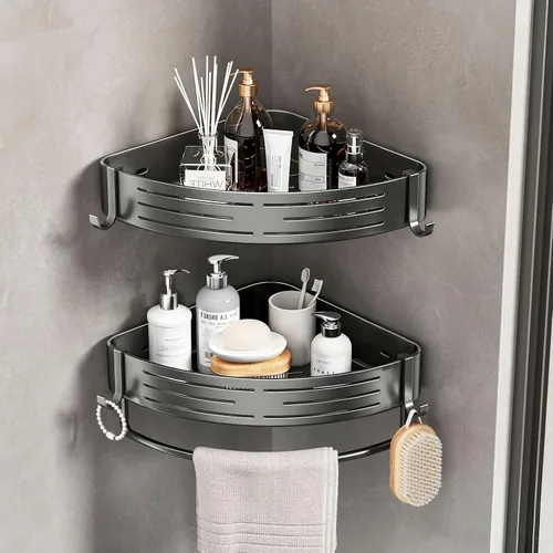 Organizador de esquina para ducha, paquete de 2 estantes adhesivos con ganchos para toalleros, sin perforaciones, impermeable, a prueba de óxido,