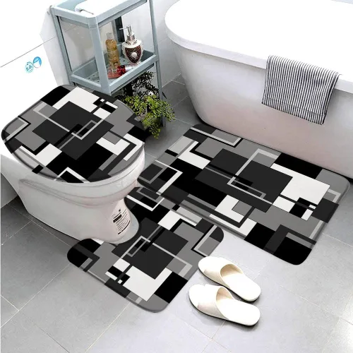 Miniatura 11 de Juego de 3 tapetes de baño geométricos rojos, negro, blanco y gris, líneas minimalistas abstractas geométricas de mediados de siglo, cubierta