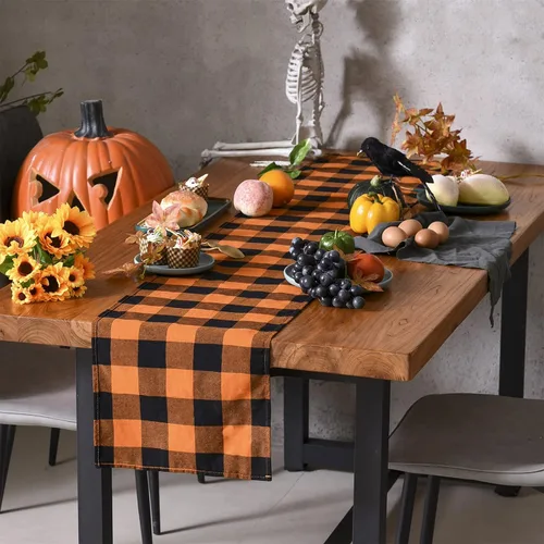 Miniatura 4 de Tosewever Camino de mesa a cuadros de búfalo de Halloween, mezcla de algodón y poliéster, clásico camino de mesa familiar para interiores y Naranja