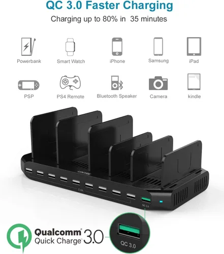 Miniatura 4 de Unitek Estación de carga rápida con carga rápida 3.0, estación de carga múltiple USB para múltiples dispositivos, iPhone, iPad, tableta, Kindle