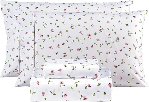 Miniatura 30 de Mooreeke Sábanas de cama Queen con estampado floral, ropa de cama impresa de microfibra suave y fundas de almohada, sábana vintage Queen de bolsillo