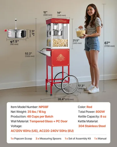 Miniatura 7 de VEVOR Máquina de palomitas de maíz con carro, hervidor de acero inoxidable de 8 onzas, máquina comercial de palomitas de maíz de 800 W, 48 tazas por
