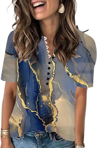 Miniatura 125 de Summer Shirts for Women 2025 Plus Size Short Sleeve Henley Tops Marble Floral Loose Tshirt Tee Casual Dressy Tunics