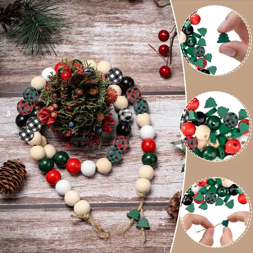 Miniatura 3 de Cuentas de madera de Navidad de 0.63 pulgadas, cuentas de madera rústicas de granja y cuentas en forma de árbol de Navidad de 0.47 pulgadas