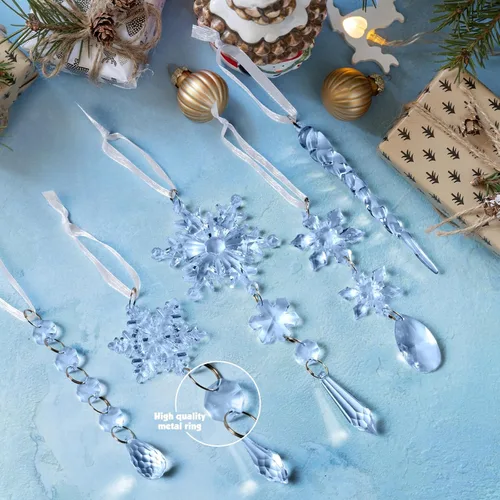 Miniatura 4 de GuassLee 36 piezas Adornos de Cristal para Árbol de Navidad - Copos de Nieve Acrílicos Azules Carámbanos Gota Cristal Adornos Colgantes para Árbol