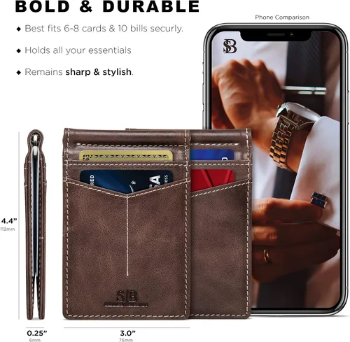 Miniatura 47 de Serman Brand RFID billetera de bloqueo Slim Bifold – cuero genuino minimalista bolsillo frontal carteras para hombres con clip para dinero, cartera