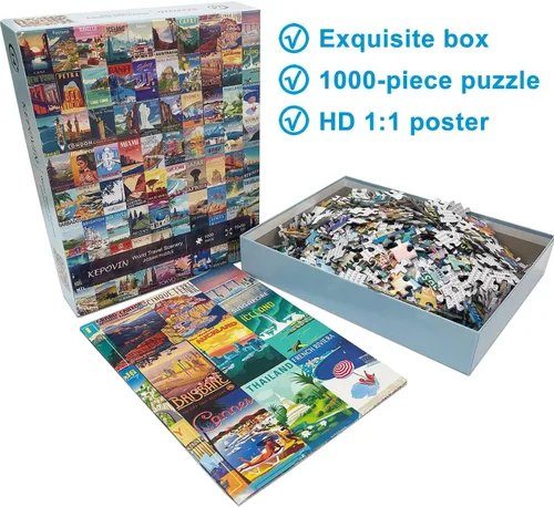 Miniatura 6 de Rompecabezas para Adultos 1000 Piezas Viaje Vintage al Mundo, Rompecabezas de Poster de Paisajes Puntuales del Mundo, Rompecabezas de 1000 Piezas