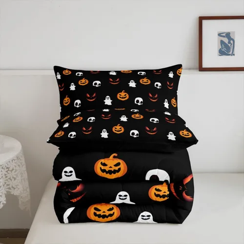 Miniatura 6 de Juego de edredón de dibujos animados tamaño individual, bonito edredón con patrón de farol de calabaza, relleno de edredón de Halloween para niños