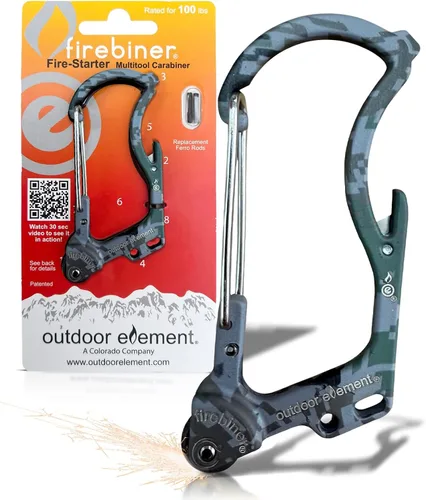 Miniatura 10 de OUTDOOR ELEMENT Firebiner 6-en-1 - Mosquetón Iniciador de Fuego EDC Multiherramienta de Emergencia - Llavero, Cuchilla Utilitaria, Abrebotellas y Más