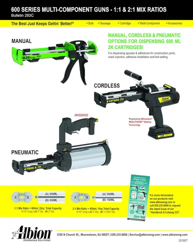 Miniatura 5 de Albion Engineering Company B26T600 pistola de adhesivo de cartucho multicomponente manual de la serie B-Line, 1:1 Ratio (300 x 300 ml) & 2:1 Ratio
