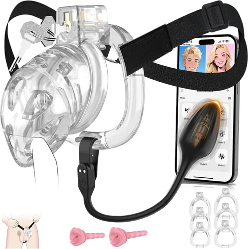 Miniatura 11 de Jaula de castidad masculina – Jaula de pene suave y ligera con 6 tamaños de anillos, correa negra, vibrador controlado por aplicación, cómodo Negro