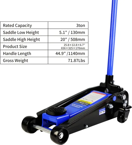 Miniatura 2 de LKTART Gato hidráulico de piso Jack de piso de perfil bajo de 3 toneladas con rango de elevación de pistón único 5.1"-20.0" Bomba única azul 3.0T
