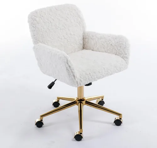 Miniatura 16 de Silla de escritorio de piel sintética con base de metal blanco, silla de oficina giratoria ajustable con ruedas, cómoda silla de maquillaje