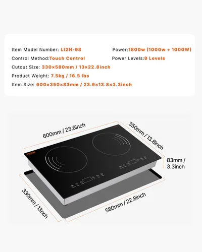 Miniatura 7 de VEVOR Placa de inducción, quemador eléctrico de encimera de 1800 W con 9 ajustes de potencia, estufa de control táctil de 2 quemadores, placa