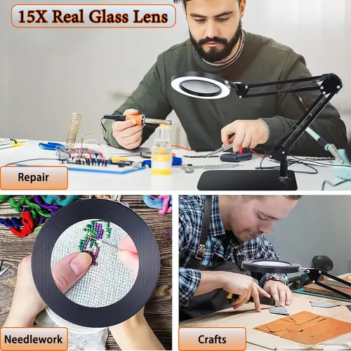 Miniatura 3 de Lámpara de lupa 15X con abrazadera y soporte, lámpara de escritorio de 72 LED con 3 temperaturas de color y 10 niveles de brillo ajustable