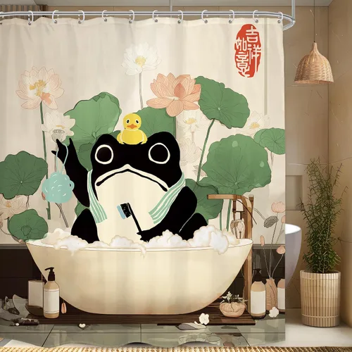 Miniatura 20 de Cortina de Ducha Divertida de Rana Juego de Baño 48 Pulgadas de Ancho x 71 Pulgadas de Alto Lindo Animal Retro Tomando Ducha Patito de Goma