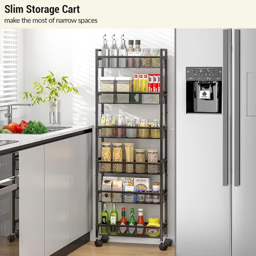 Miniatura 3 de ThreeHio Carrito de almacenamiento delgado de 6 niveles, carrito estrecho con ruedas, estantería móvil de metal para cocina, baño, lavandería, sala