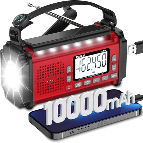 Miniatura 8 de PRUNUS J-924 10000mAh/37000mWh Radio de emergencia con manivela, pilas AAA, radio de emergencia solar, radio meteorológica NOAA AM/FM/SW, carga USB