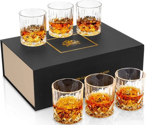 Miniatura 10 de KANARS Juego de 4 vasos de whisky estilo antiguo con caja de lujo - 10 oz. Utensilio de bar con base pesada para whisky escocés, bourbon, licor