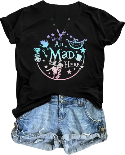 ASTANFY - Camiseta para mujer "We're All Mad Here", con estampado mágico, lindas camisetas gráficas, tops casuales de manga corta para vacaciones