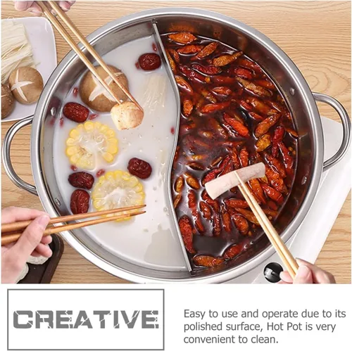 Miniatura 9 de Hemoton Olla caliente con divisor de doble cara china Shabu Shabu olla de acero inoxidable de dos sabores s para estufa de inducción estufa de gas