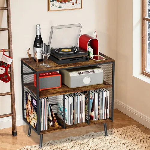 Miniatura 6 de VyGrow Soporte para tocadiscos con almacenamiento de vinilo, soporte para tocadiscos de 3 niveles con capacidad para hasta 220 álbumes, estante