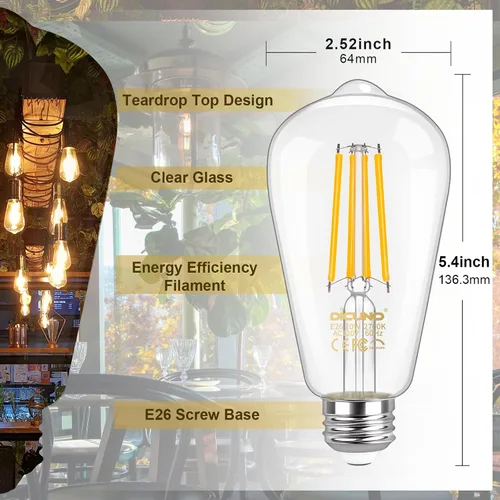 Miniatura 3 de DiCUNO Bombillas Edison regulables equivalentes a 100 W, bombilla LED Edison, blanco cálido 2700 K, 10 W, 1200 lm, filamento vintage ST64 para baño
