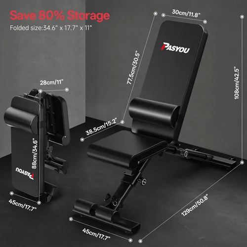 Miniatura 7 de PASYOU Adjustable Weight Bench for Home Gym, Foldable Workout Benches with 660LBS, Exercise Bench for Incline Decline Flat Bench Press, Foldable