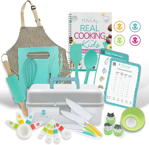 Juego de regalos definitivo para cocinar y hornear Tovla JR para niños | Cuchillos seguros para niños Montessori, delantal, libro de cocina visual,