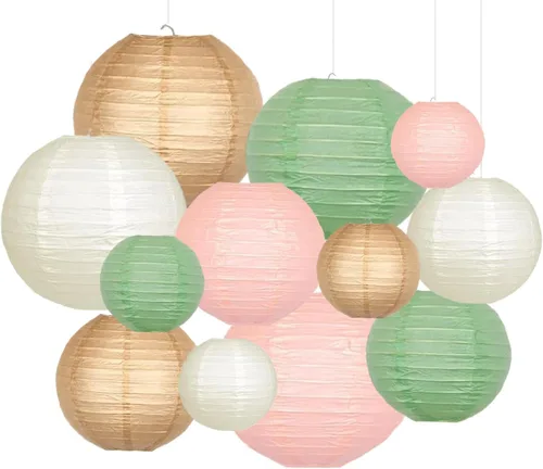 Miniatura 19 de Linternas de papel decorativas verdes y naranjas, 15 piezas, para colgar en fiestas de despedida de soltera, boda, cumpleaños, baby shower