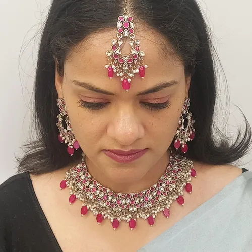 Miniatura 4 de Efulgenz Jewelry Sets for Women Necklace Earrings and Maangtikka Bohemian Indian Oxidized Vintage Bridal Sets Faux Pearl Kundan Choker Necklace