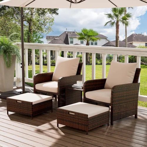 Miniatura 5 de UDPATIO Muebles de balcón - Silla de patio al aire libre con otomana para espacios pequeños, juego de muebles de patio de mimbre de 5 piezas