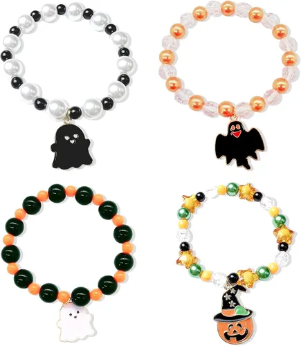 YANCHUN 4 pulseras de Halloween para mujeres y niñas, pulseras elásticas con cuentas de colores, fantasma, calabaza, murciélago, pulsera, regalo de