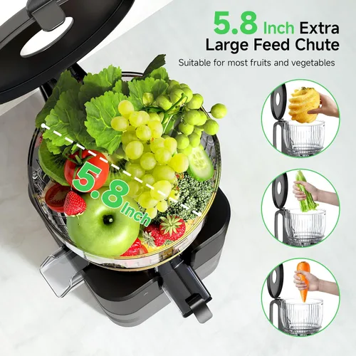Miniatura 3 de Exprimidor de prensa en frío de 400 W, conducto de alimentación de 5.8 pulgadas de ancho, máquina exprimidora lenta para frutas y verduras enteras