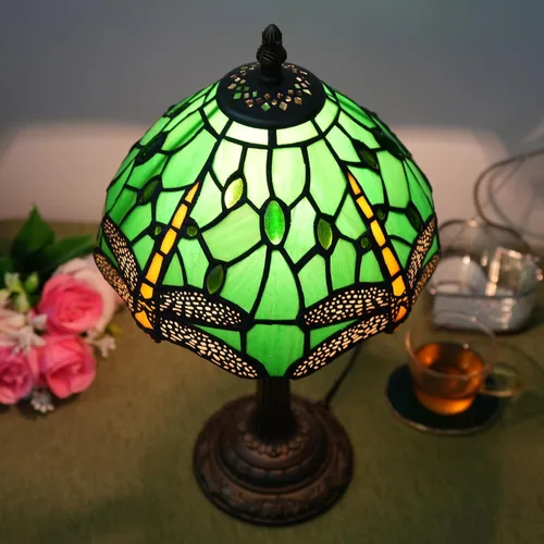 Miniatura 4 de Lámpara Tiffany de Libélula Verde de Vidrio Emplomado, Lámpara de Mesa 8x8x14 Pulgadas, Estilo Libélula Verde, Luz de Lectura para Escritorio