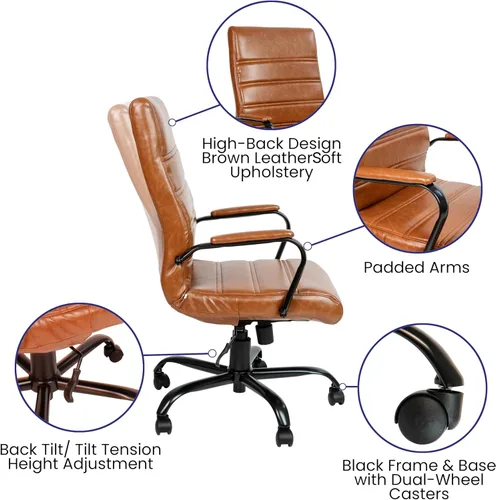 Miniatura 10 de Flash Furniture Whitney - Silla de escritorio giratoria de LeatherSoft con respaldo alto con asiento acolchado y reposabrazos, silla de oficina