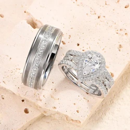 Miniatura 3 de Newshe Jewellery Juego de anillos de boda para él y ella, anillos de promesa AAAAA para parejas, mujeres, hombres, banda en forma de pera, talla 5-13
