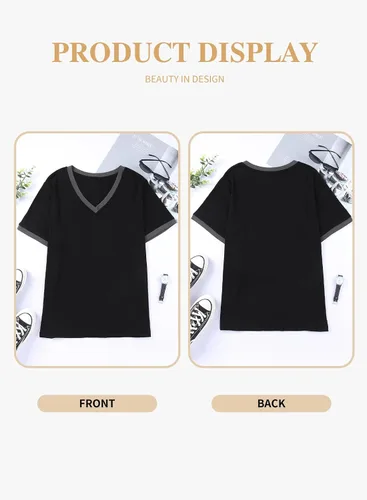 Miniatura 57 de Eytino Blusas de talla grande para mujer, cuello en V, manga corta, a rayas, casual, holgada, con bolsillo (1X-5X)