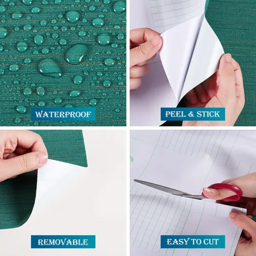 Miniatura 4 de FunStick Papel tapiz de lino con textura para despegar y pegar, color verde azulado, papel tapiz de lino autoadhesivo de tela sintética para paredes