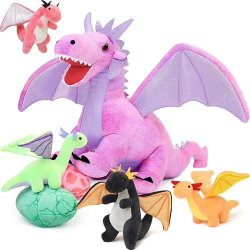 Miniatura 11 de MaoGoLan 7 animales de peluche gigantes de dragón, juguete de peluche de dragón de 22 pulgadas con 4 bebés y 2 huevos en el vientre de mamá, juego