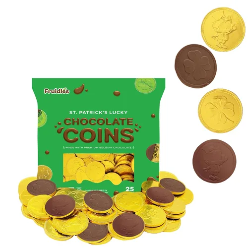 Día de San Patricio, 25 monedas de chocolate con leche, monedas de oro de la suerte, trébol de trébol duende de primera calidad, bolsa de monedas de