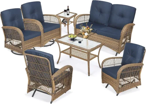 Miniatura 60 de MEETWARM Juego de 3 piezas de mimbre giratorio para patio al aire libre, mecedoras, juegos de muebles de patio de ratán con cojín grueso y mesa
