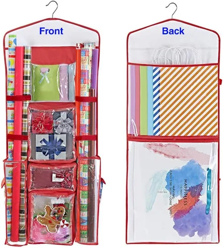 Almacenamiento de papel de regalo colgante | Organizador de papel de regalo de doble cara | Bolsillos para bolsas de regalo, cinta, lazos y Rojo