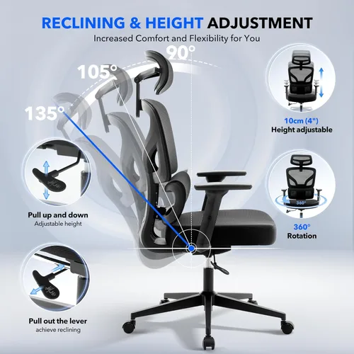 Miniatura 5 de Silla de oficina ergonómica - Silla de escritorio de malla para el hogar con soporte lumbar ajustable, silla de juegos de computadora con respaldo