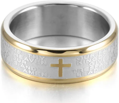 Miniatura 2 de MOWOM - Anillo de acero inoxidable de dos tonos de plata y oro con cruz de la Biblia Lords
